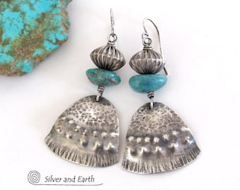 Handcrafted Sterling Silver and Turquoise Earrings, Bold Modern Sundance / Southwestern Style Jewelry, Artisan Handmade Silversmith Jewelry