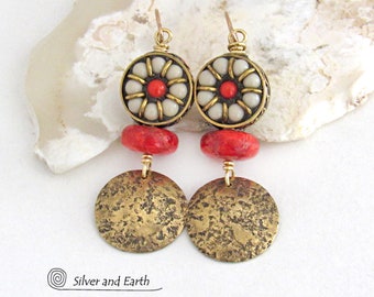 Tibetan Bead Gold Brass Round Dangle Earrings with Red Coral, Modern Boho Chic Artisan Handmade Jewelry, Bright Colorful Unique Earrings