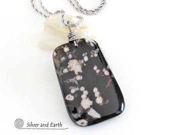 Black Cherry Blossom Agate Pendant, Flower Agate Stone Necklace, Unique One-of-a-Kind Jewelry Gifts for Women Gemstone Lovers