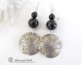 Sterling Silver Earrings with Hand Stamped Texture and Black Onyx Stones, Artisan Handmade Modern Sterling & Gemstone Jewelry