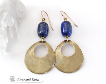 Genuine Blue Lapis Gold Brass Dangle Earrings, Trendy Bold Modern Chic Artisan Handcrafted Jewelry, 9th or 21st Anniversary Gift for Wife