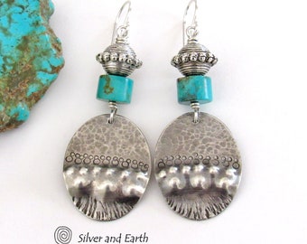 Turquoise and Sterling Silver Dangle Earrings, Sundance / Southwestern Style Jewelry, Handcrafted Artisan Silversmith Bold Unique Jewelry