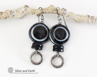 Eye Agate Stone Earrings with Black Onyx & Silver Pewter Circle Dangles, Evil Eye Earrings, Good Luck Protection Talisman Jewelry Handmade