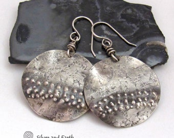 Oxidized Solid Sterling Silver Earrings with Hammered Rustic Earthy Organic Texture - Edgy Modern Artisan Handcrafted Silversmith Jewelry