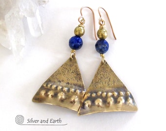 Gold Brass and Blue Lapis Earrings, Bold Exotic Egyptian Inspired Statement Jewelry, Unique Hand Forged Artisan Metalwork Jewelry