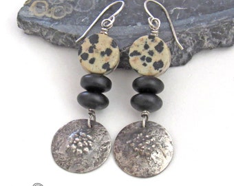 Hammered Sterling Silver Earrings with Dalmatian Jasper Stones & Black Glass Beads, Artisan Handmade Rustic Earthy Modern Sterling Jewelry