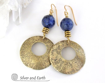 Gold Brass Hoop Earrings with Blue Lapis Lazuli Gemstones, Boho Chic Trendy Modern Statement Earrings, Artisan Handmade Jewelry