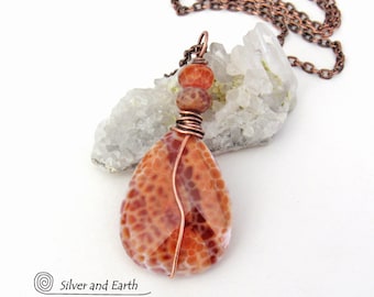 Orange Fire Agate Gemstone Necklace: Copper Wire Wrapped, Artisan Handmade Earthy Modern Boho One of a Kind Stone Jewelry