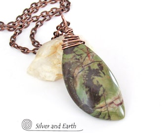 Green Rhyolite Jasper Pendant, Copper Wire Wrapped Stone Pendant with Copper Chain Necklace, Boho Necklace, Natural Earthy Jasper Jewelry