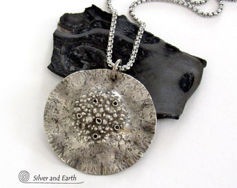 Large Sterling Silver Rustic Hammered Pendant Necklace, Edgy Unique Modern Earthy Organic Jewelry, Handcrafted Artisan Silversmith Jewelry