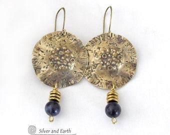 Gold Brass Earrings with Blue Goldstones, Earthy Organic Modern Chic Statement Earrings, Bold Unique Artisan Handmade Metalwork  Jewelry