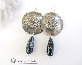 Black Snowflake Obsidian Sterling Silver Earrings, Artisan Handcrafted Silvermith Jewelry, Big Bold Contemporary Modern Edgy Gemstone Dangle