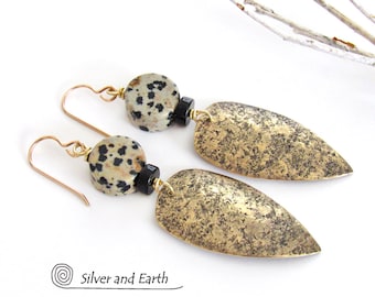 Gold Brass Tribal Shield Earrings with Dalmatian Jasper Stones, Bold Edgy Ethnic Boho Tribal Jewelry, Hand Forged Artisan Metalwork Earrings