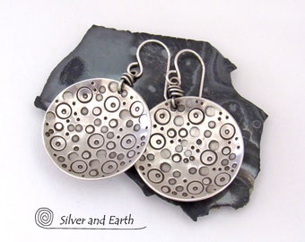 Sterling Silver Circle Earrings with Unique Hand Stamped Texture, Bold Modern Everyday Earrings, Artisan Handmade Solid Sterling Jewelry