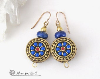 Tibetan Brass Earrings with Blue Lapis and Red Coral Inlaid Beads, Bold Exotic Statement Earrings, Artisan Handmade Bohemian Jewelry