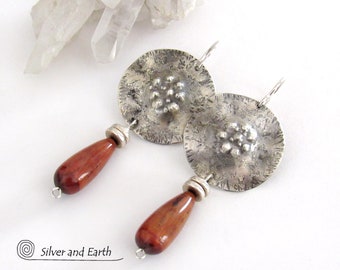 Textured Sterling Silver Earrings with Red Tiger's Eye Stones, Handcrafted Metalsmith Jewelry, Unique Rustic Modern Earthy Organic Earrings