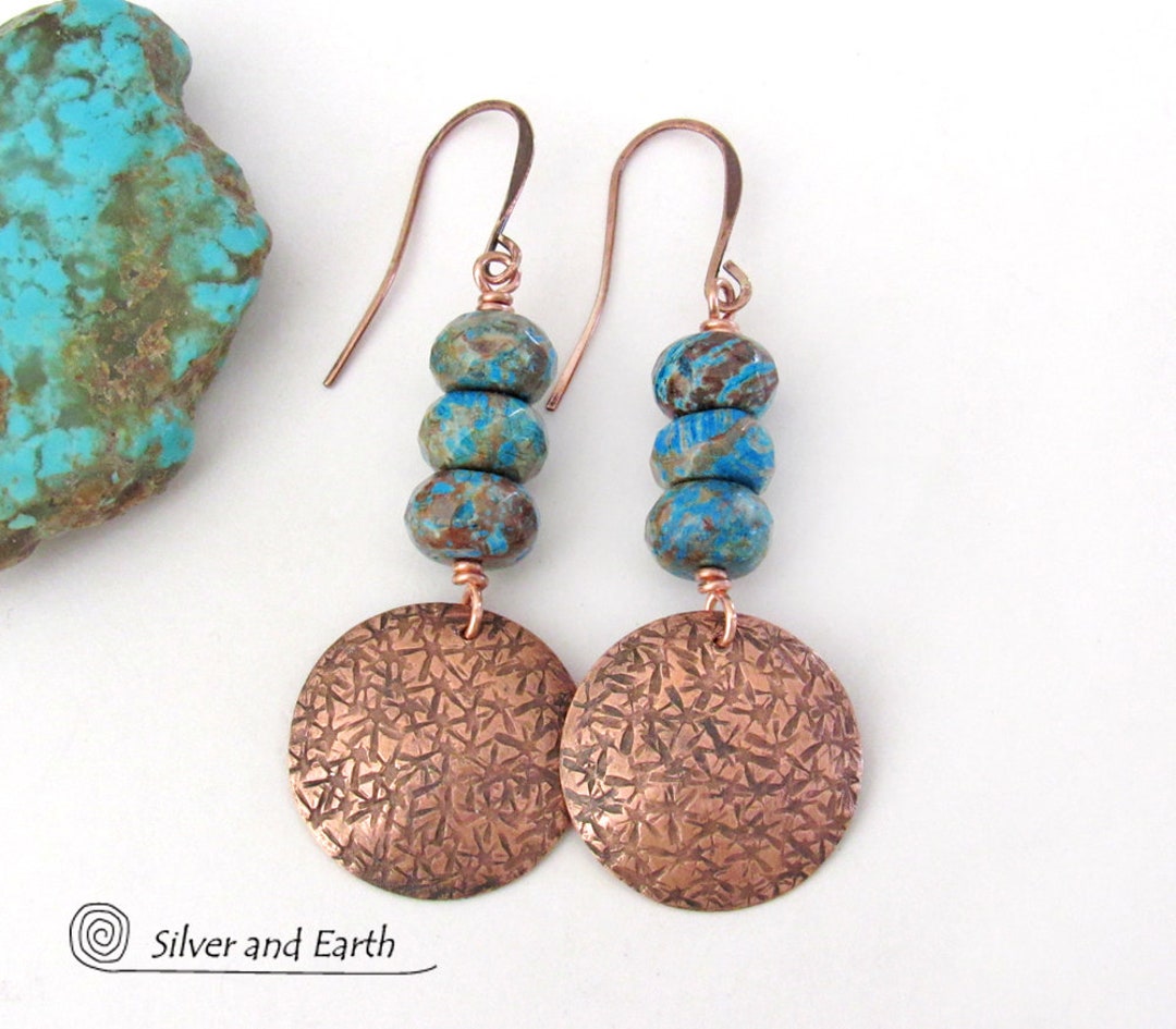 Hand Stamped Copper Earrings With Faceted Calsilica Jasper Stones