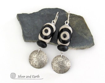 Tibetan Eye Agate Earrings with Sterling Silver Dangles, Artisan Handmade Bold Exotic Ethnic Tribal Style Jewelry