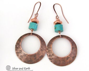 Big Round Copper and Turquoise Hoop Earrings, Hand Forged Artisan Metalwork Jewelry, Bold Modern Trendy Statement Earrings