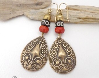 Long Gold Brass Tribal Earrings with Embossed Texture & African Batik Bone and Red Coral, Bold Exotic Boho Ethnic Statement Jewelry