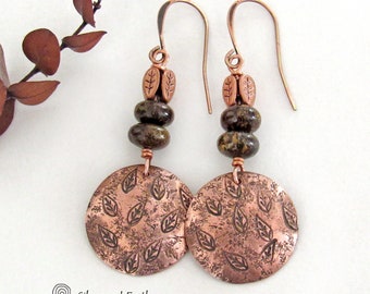 Copper Earrings with Hand Stamped Leaves & Brown Bronzite Stones, Artisan Handmade Jewelry, Earthy Nature Jewelry Gifts for Women
