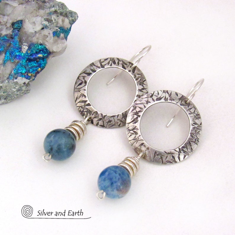 Aquamarine Gemstone Sterling Silver Circle Hoop Earrings, March Birthstone Jewelry Gifts, Artisan Handmade Chic Modern Silversmith Jewelry image 6