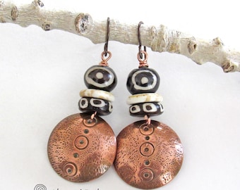Hand Stamped Copper Earrings with African Batik Bone Beads & Magnesite Stones, Bold Afrocentric Ethnic Tribal Artisan Handmade Jewelry