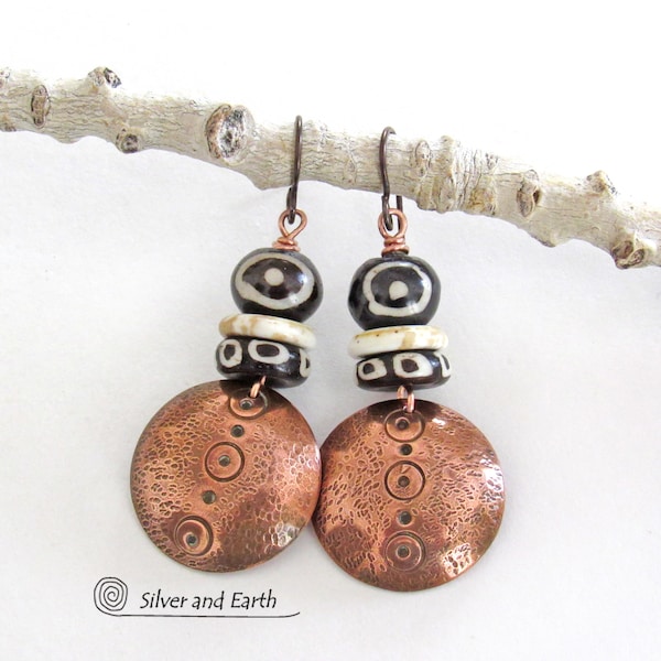 Hand Stamped Copper Earrings with African Batik Bone Beads & Magnesite Stones, Bold Afrocentric Ethnic Tribal Artisan Handmade Jewelry