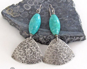 Amazonite Sterling Silver Earrings, Blue Green Gemstone Dangle, Earthy Modern Sterling & Natural Stone Artisan Handmade Silversmith Jewelry