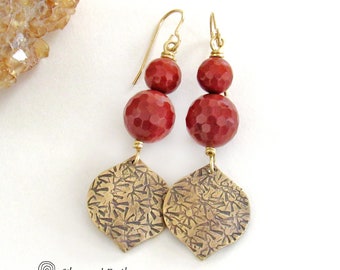 Red Jasper Gold Brass Earrings, Artisan Handcrafted Elegant Dressy Chic Modern Jewelry, Faceted Red Gemstone Dangle