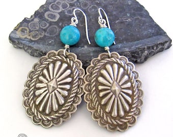 Large Oxidized Sterling Silver Concho Earrings with Turquoise, Artisan Handcrafted Santa Fe Style Southwestern Silver & Turquoise Jewelry