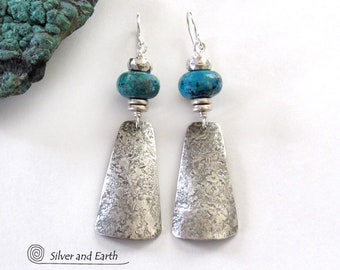 Handmade Sterling Silver Earrings with Blue Green Chrysocolla Gemstones, Artisan Silversmith Jewelry, Contemporary Modern Silver Dangle