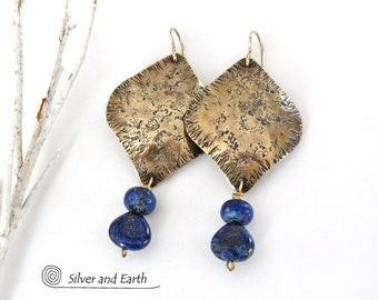 Lapis Lazuli and Gold Brass Dangle Earrings, Handmade Artisan Metalwork Jewelry, Bold Exotic Cultural Bohemian Moroccan Style Earrings
