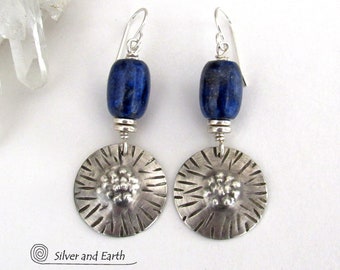 Textured Sterling Silver Earrings with Blue Lapis Lazuli Gemstones, Unique Artisan Handmade Contemporary Modern Sterling Silver Jewelry