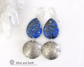 Lapis Sterling Silver Earrings, Blue Lapis Earrings, Handmade Lapis Lazuli & Sterling Jewelry, Round Silver Earrings with Blue Gemstones