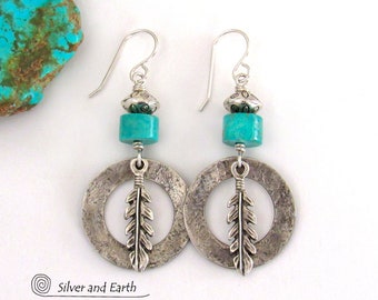 Turquoise and Sterling Silver Hoop Earrings with Feather Dangles, Artisan Handmade Boho Sundance / Southwestern Style Jewelry