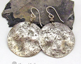 Hammered Sterling Silver Earrings with Rustic Earthy Organic Texture, Handcrafted Artisan Silversmith, Bold Edgy Modern Jewelry