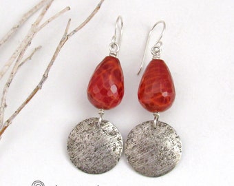 Faceted Orange Fire Agate Earrings with Round Textured Sterling Silver Dangles, Artisan Handcrafted Elegant Chic Modern Gemstone Jewelry