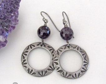 Faceted Amethyst Silver Pewter Circle Hoop Earrings, Dark Purple Gemstone, Modern Chic Handcrafted Jewelry, February Birthstone Jewelry Gift