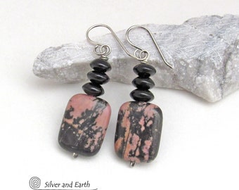 Rhodonite Gemstone Earrings with Black Onyx and Sterling Silver, Black Pink Stone Dangle, Handmade Modern Earthy Natural Stone Jewelry