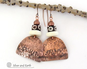 Rustic Hammered Copper Earrings with African Batik & Bone Beads, Unique Bold Ethnic Boho Tribal Jewelry, Artisan Hand Forged Metal Jewelry