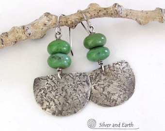 Rustic Hammered Sterling Silver Earrings with Green Serpentine Stones, Artisan Handcrafted Modern Earthy Natural Stone & Silver Jewelry