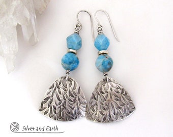 Textured Sterling Silver Earrings with Blue Apatite Stones, Chic Elegant Modern Gemstone Jewelry, Artisan Handcrafted Silversmith Earrings