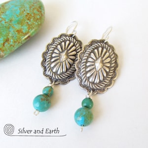 Sterling Silver Concho Earrings with Turquoise Stone Dangles, Sundance / Southwest Style, New Mexico Jewelry, Genuine Turquoise Earrings