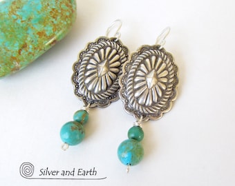 Sterling Silver Concho Earrings with Turquoise Stone Dangles, Sundance / Southwest Style, New Mexico Jewelry, Genuine Turquoise Earrings