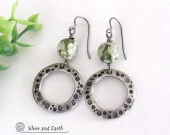 Silver Pewter Circle Hoop Earrings with Green Rainforest Jasper Stones & Hand Stamped Texture, Artisan Handmade Earthy Natural Stone Jewelry