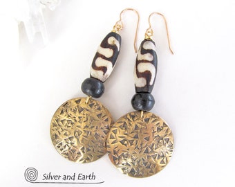 Big Bold Brass Earrings with African Batik Bone & Black Beads, Exotic Ethnic Cultural Statement Earrings, Unique Handmade African Jewelry