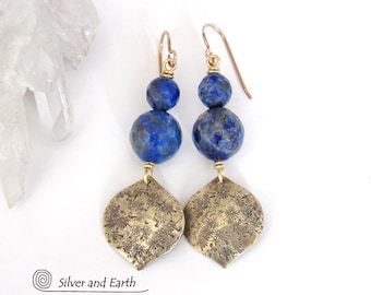Blue Lapis Lazuli & Gold Brass Earrings, Elegant Chic Modern Faceted Gemstone Dangle, Bold Unique Artisan Handmade Metalwork Jewelry