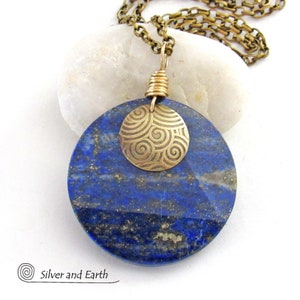 Large Blue Lapis Lazuli Gemstone Necklace with Spiral Textured Gold Brass - Bold Exotic One of a Kind Egyptian Style Statement Jewelry