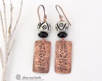 Rustic Copper Earrings with African Carved Bone & Black Beads, Ethnic Boho Afrocentric Tribal Style, Bold Unique Artisan Handmade Jewelry